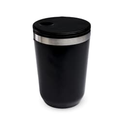 A reusable coffee cup in black with a stainless steel band and a lid featuring a drinking opening.