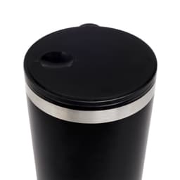 A reusable coffee cup featuring a sleek black design with a metallic band around the center and a secure lid.