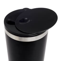 A reusable coffee cup featuring a sleek black design with a stainless steel band and a spill-resistant lid.