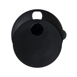A black reusable coffee cup with a lid and a handle, featuring a logo.