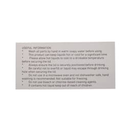 A product label with useful information about the Rizz Coffee Cup, including care instructions and safety warnings.