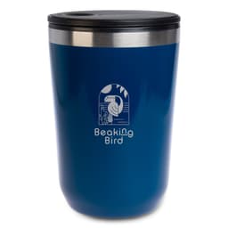 A reusable coffee cup in a vibrant blue color with a stainless steel lid and a logo design.