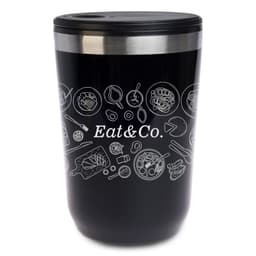 A reusable coffee cup in black with a metallic silver lid and decorative food illustrations.