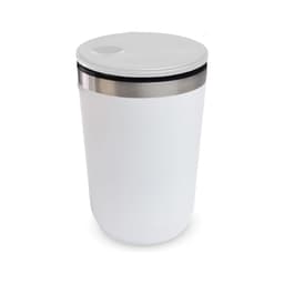 A white reusable coffee cup with a stainless steel band and a lid, featuring a sleek and modern design.