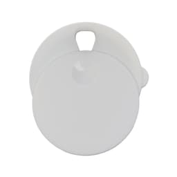 A reusable coffee cup with a sleek white design, featuring a smooth round body and a circular lid with a handle.