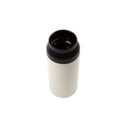 A double wall coffee cup in cream with a black lid and interior, featuring branding.