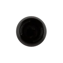 A coffee cup with a sleek black exterior and a smooth, dark interior. It features a logo on the side.