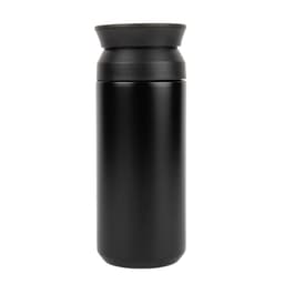 A double wall coffee cup in matte black, featuring a lid and a sleek, cylindrical design. It has a logo on the surface.