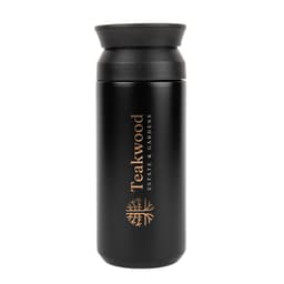 A double wall coffee cup in matte black with a lid and a logo. Features a sleek, modern design.
