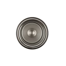 A double wall coffee cup in a stainless steel finish, featuring a smooth interior and a logo at the base.