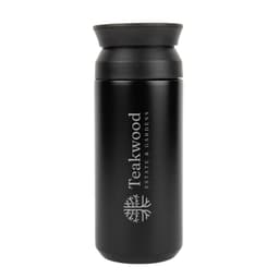 A black double wall coffee cup with a lid, featuring a logo on the side.