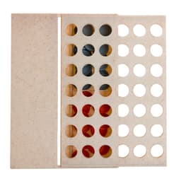A beige game board featuring circular slots for colorful game pieces in red, blue, and yellow.