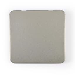 A metal tin box with a flat, silver surface designed to hold colored pencils.