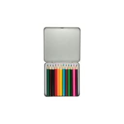 A tin containing 12 coloured pencils in various colors, neatly arranged and ready for use.