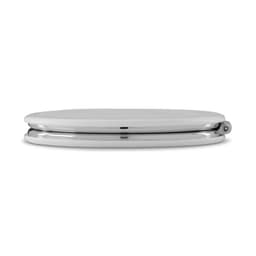 A compact mirror with a sleek silver edge and a smooth white surface, featuring a logo.