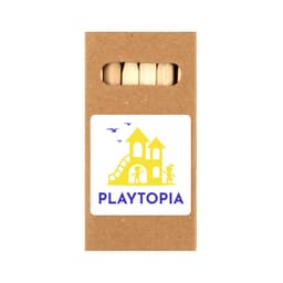 A brown box containing wooden sticks, featuring a logo in yellow and blue.