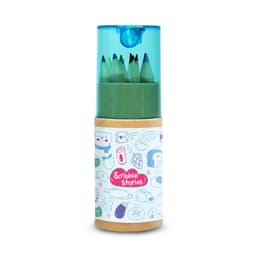 A tube containing green and other colored pencils, featuring playful illustrations on the packaging and a clear lid.