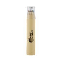 A tube containing multiple coloured pencils with a transparent lid and a logo on the side.