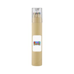 A tube containing long pencils in various colours, with a clear lid and a label displaying a logo.