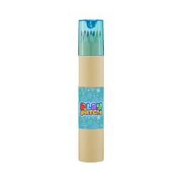 A tube containing long coloured pencils in various shades, capped with a clear blue lid and featuring a decorative label.