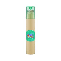 A tube containing long coloured pencils with a green lid and a cardboard base, featuring a logo.