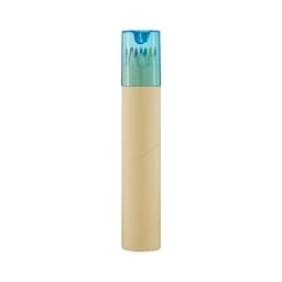A tube containing long coloured pencils with a transparent blue cap. The tube is made of brown cardboard.