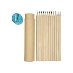 A tube containing long wooden pencils in various colours, alongside a sharpener.