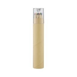 A tube containing long, coloured pencils with a transparent cap, featuring a swirled paper design.
