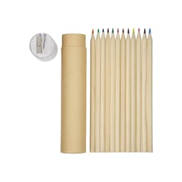 Coloured pencils in various shades, alongside a sharpener, packaged in a cylindrical tube.