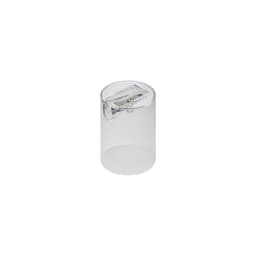 A clear tube contains long coloured pencils, featuring a sharpener at the top. The product has a logo.