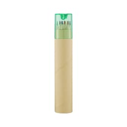 A cylindrical tube containing a set of long coloured pencils with a transparent green cap.