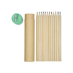 A set of long coloured pencils in natural wood, neatly arranged alongside a green sharpener in a tube.