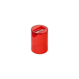 A bright red pencil sharpener in a cylindrical, translucent container, featuring a metal blade at the top.