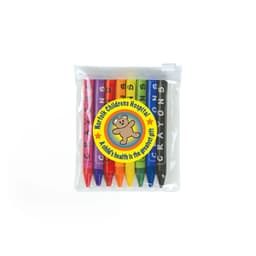 A PVC zipper pouch containing six coloured crayons in various vibrant colors, featuring a logo on the front.