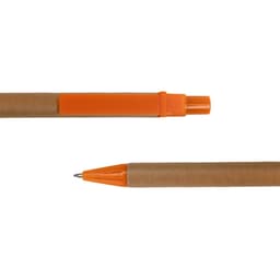 A cardboard pen with an orange clip and tip, featuring a natural brown paper barrel.