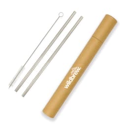 A drink bottle straw set featuring silver stainless steel straws, a cleaning brush, and a cylindrical storage tube.