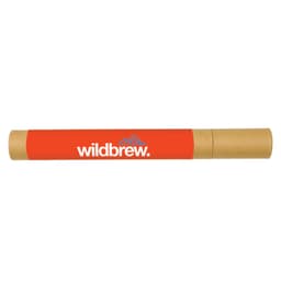 A cylindrical tube with an orange wrapper and a logo, featuring a brown cardboard cap on one end.