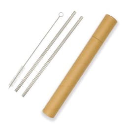 A drink bottle with two stainless steel straws, a cleaning brush, and a cylindrical cardboard container.