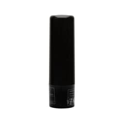 A black lip balm stick with a smooth surface and a round top, featuring a logo on the base.