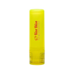A lip balm stick in a bright yellow container labeled "Kiss Bliss" with the tagline "Your lips' new best friend."