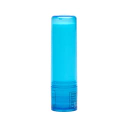 A lip balm stick in a translucent blue container.
