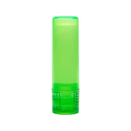 A green lip balm stick with a clear body and a twist-up mechanism. The label includes ingredient information.