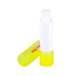 A lip balm stick in a vibrant yellow tube, featuring a white cap and clear body for easy viewing of the product inside.