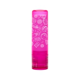 A lip balm stick in a vibrant pink tube featuring white illustrations of various candies and desserts.