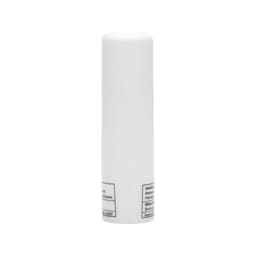 A lip balm stick with a plain white cap and a labeled base indicating ingredients and usage instructions.
