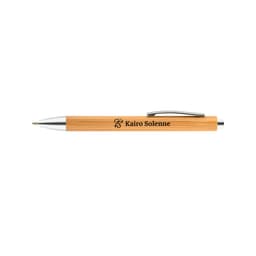 A bamboo pen with a silver clip and tip, featuring a logo or branding on the barrel.