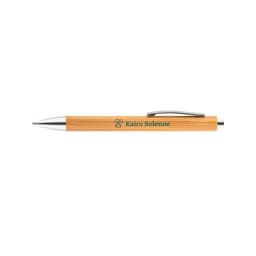 A bamboo pen featuring a silver clip with a logo on the barrel, showcasing a natural wood finish.