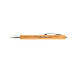 A bamboo pen with a silver clip and tip, featuring a logo on the wooden barrel.