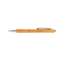 A wooden pen made from bamboo with a silver clip and branding on the barrel.