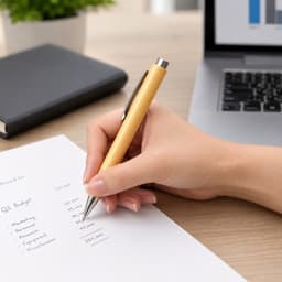 A bamboo pen in a hand, writing on a sheet of paper on a wooden desk, with a laptop and plant in the background.